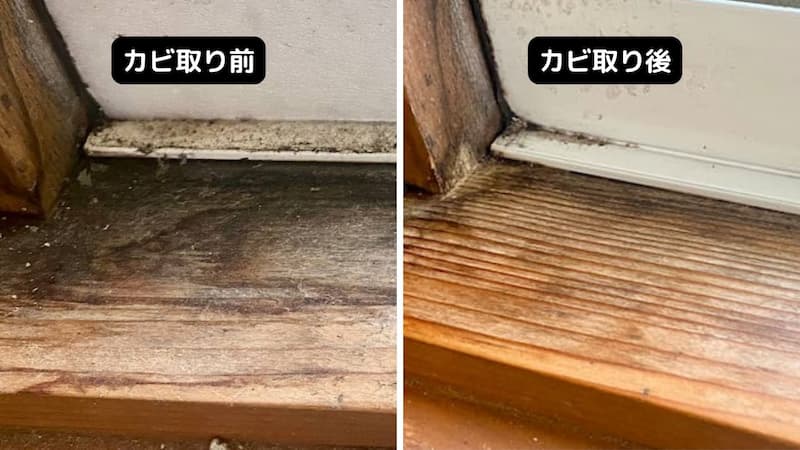 木材のカビ取り前後の比較　カビホワイト緑　レビュー
