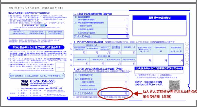 ねんきん定期便　年金受給額の確認場所